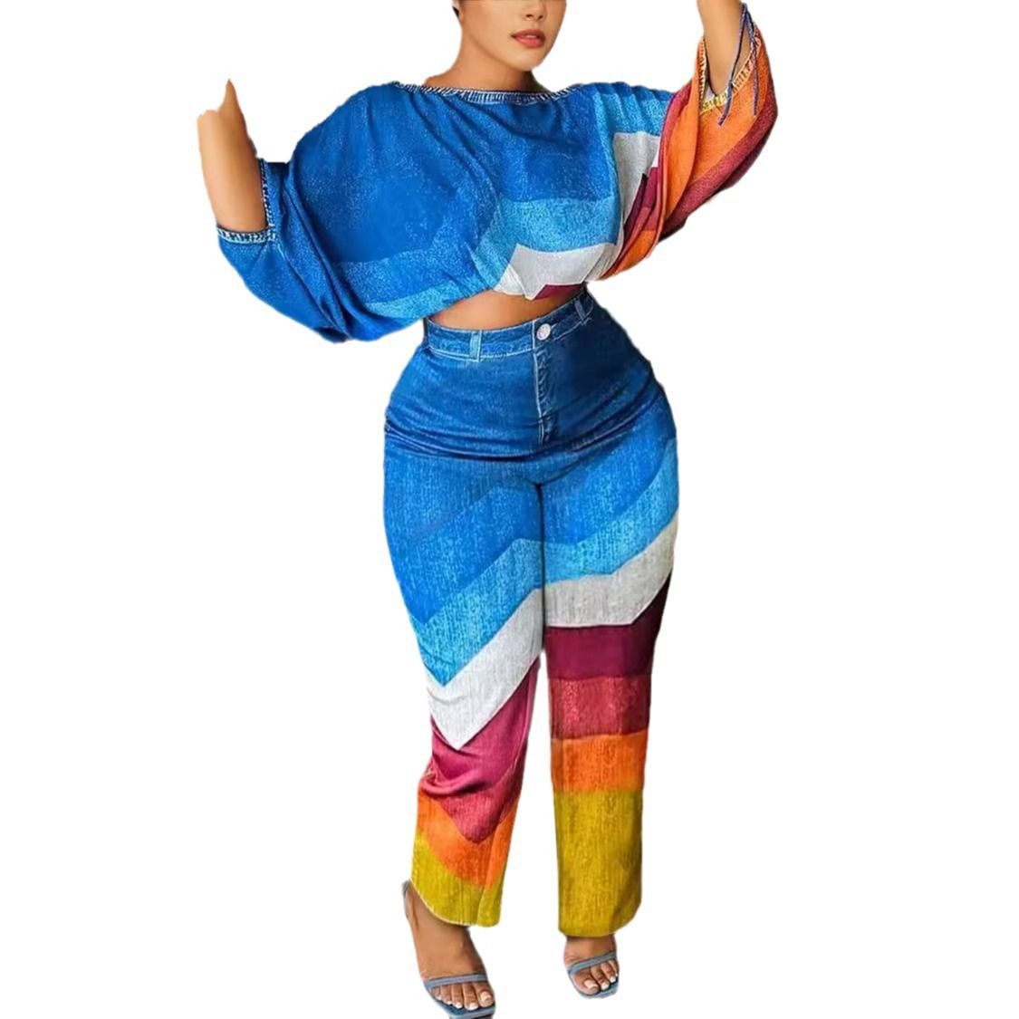 Women’s Clothing printed loose bat sleeve straight pants two piece suit_ecoleips.com