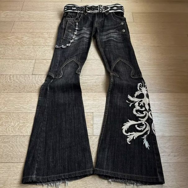 Women's Clothing Retro Embroidery Heavy Work Hot Girl Punk Washed Black Straight Flared Jeans For Women And Men_ecoleips.com