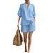 New Women's Summer Casual Loose Fitting Two Piece Set V Neck Vintage Style Linen Fashionable Beachwear 2026_ecoleips.com