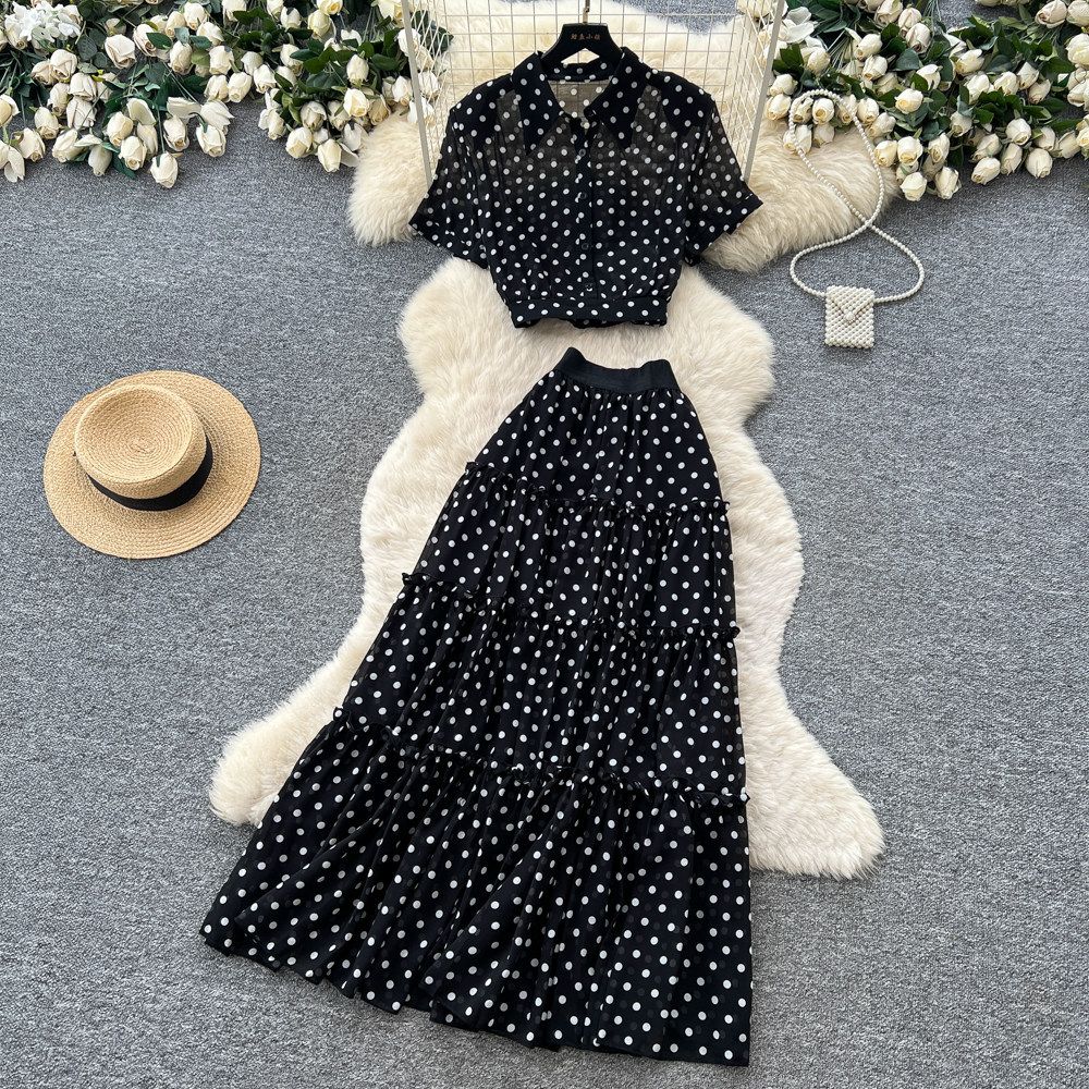 Women's French Style High Waist Polka Dot Two Piece Set Red Slimming Elegant Workwear for Spring And Autumn_ecoleips.com