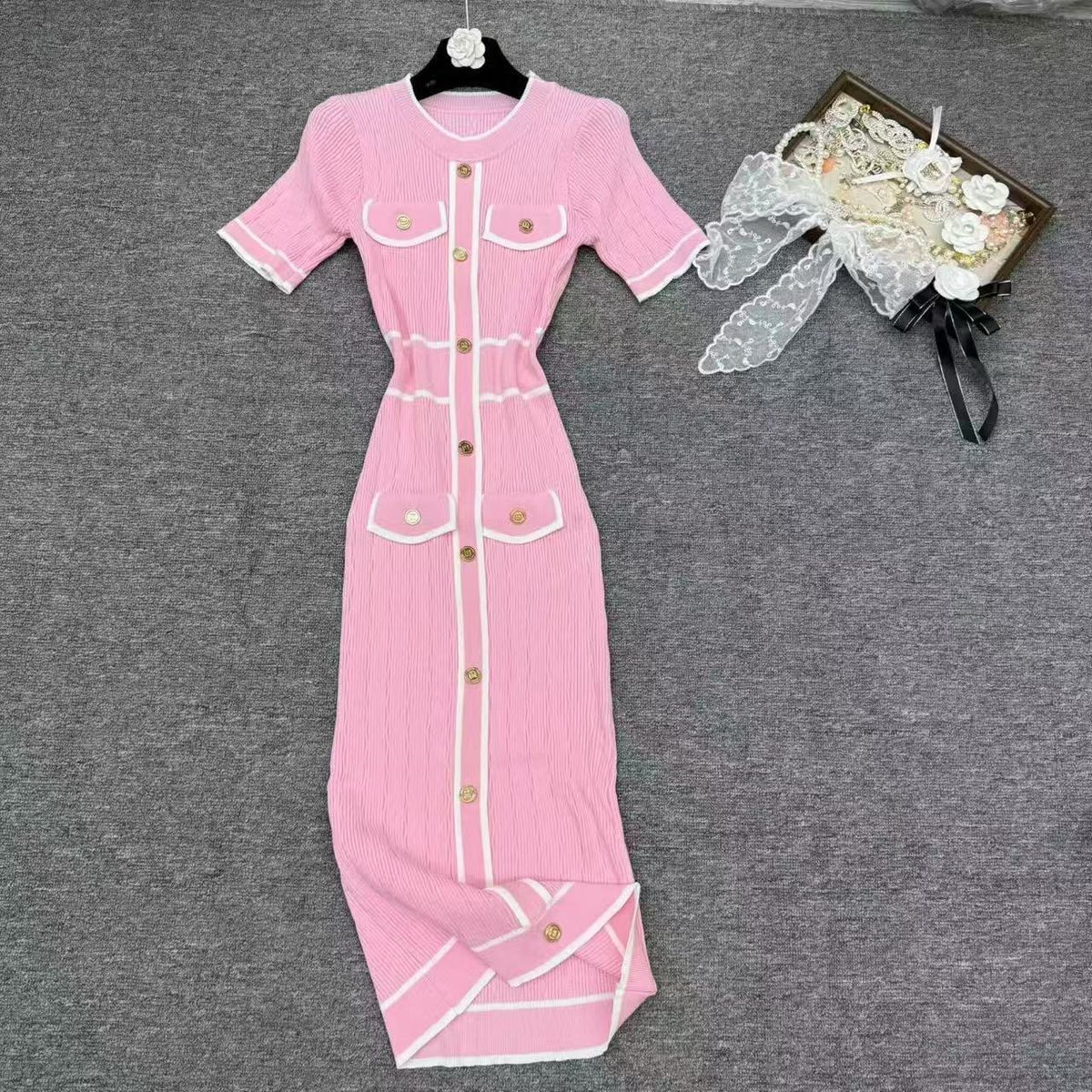 Ice Silk Slim Fit Color Block mid Length Dress with Pocket for Women Elegant Luxury Early Autumn New Style 2026_ecoleips.com