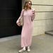 Women's Off-Shoulder Knitted Dress Lantern Sleeve Casual Sweater Long Over The Knee Loose Fit_ecoleips.com