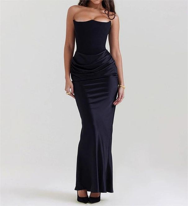 Women's Sexy Strapless Long Dress Solid Color Waist Pleated Elegant Bodycon Dress_ecoleips.com