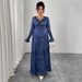 Women's Clothing Plus Size Clothes "Elegant V-Neck High Waisted Maxi Dress – A-Line Pleated Long Sleeve Dress For Women, Spring & Autumn Staple"_ecoleips.com