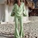 New 2026 Women's Two Piece Set Solid Color V Neck Flared Sleeve Long Pants Independent Clothing Cross Border Europe & America_ecoleips.com