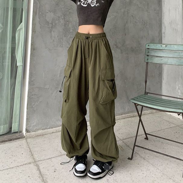 2025 Y2K Trousers Women Cargo Pants Straight Wide Leg Drawstring Pockets Kpop High Waisted Breathable Solid Color Sweatpants_ecoleips.com