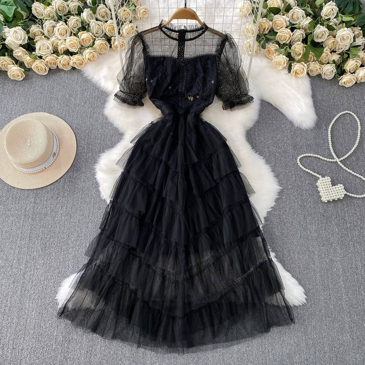 Women's Clothing Celebrity High End Heavy Sequined Mesh Round Neck Dress Dress Female Summer Waist Super Fairy Princess Puffy Cake Skirt_ecoleips.com