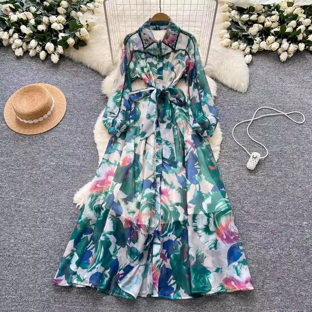 Elegant French-Inspired Embellished Beaded Collar Long Sleeve Printed Wrap Dress With Belt & Button Closure_ecoleips.com