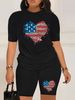 Summer Women's Casual Fashion American Flag Heart Graphic Print Loose T-shirt Shorts Two-piece Set Sportswear Suitable For Daily Wear-155_ecoleips.com
