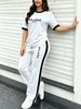 Women's Simple Sport 2-piece Set, Classic Print Colorblock Tee & Stretch Knit Side-stripe Drawstring Wide Leg Pants For Spring Summer Commute & Gym_ecoleips.com