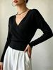 Women Wrap V Neck Ribbed Knit Top Loose Long Sleeve Lightweight Hollow Texture Breathable Skin-friendly Cropped Knit Blouse_ecoleips.com