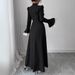 Stand Up Collar Zipper Design High Grade Lace Splicing Trumpet Sleeve Long Elegant Dress_ecoleips.com