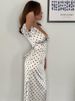 JULISSA MO Sexy V-neck Print Polka Dot Women Maxi Dress White Short Sleeve Lace Up Dress Summer Slim Elegant Party Evening Dress_ecoleips.com