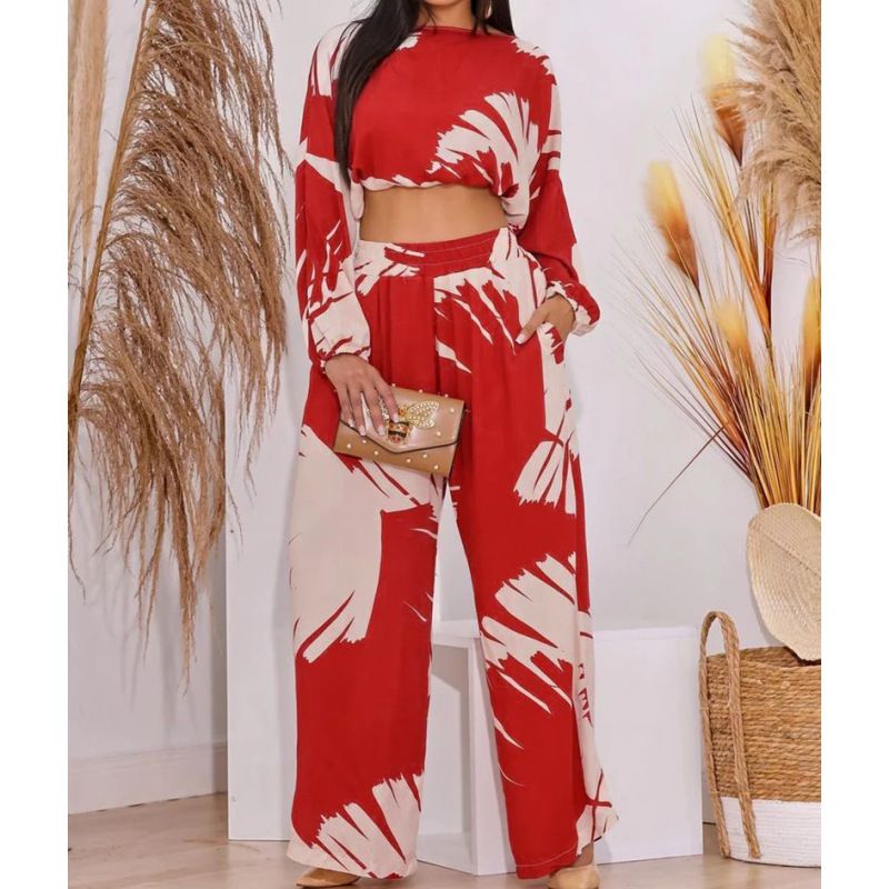 European And American New Women's Fashion Casual Printed Short Round Neck Top High Waist Wide Leg Pants Two-piece Set_ecoleips.com