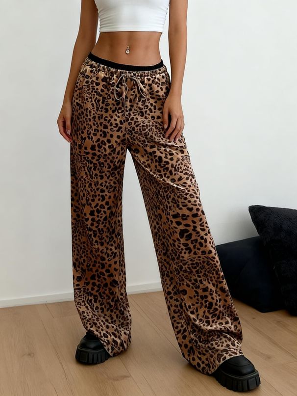 2026 Autumn New Leopard Print Velvet Wide-leg Pants For Women, Elastic Drawstring Waist Drape Cool Sa Spice Girl Style Trousers_ecoleips.com