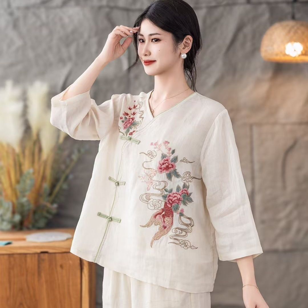 Chinese-Style Retro Cotton And Linen Women's Blouse, Summer Slant Opening, Artistic Loose, Buttoned Tea Dress, Embroider_ecoleips.com