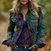 Women's Boho Embroidered Floral Denim Jacket, Vintage Green Purple 3D Rose Beaded Long Sleeve Cropped Coat, Casual Streetwear Outerwear For Daily Week_ecoleips.com