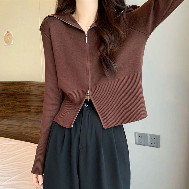 High-End 2026 Pre-Spring Double Zipper Lapel Knitted Cardigan Women's Spring And Autumn Sweater Jacket Shoulder Top Wome_ecoleips.com