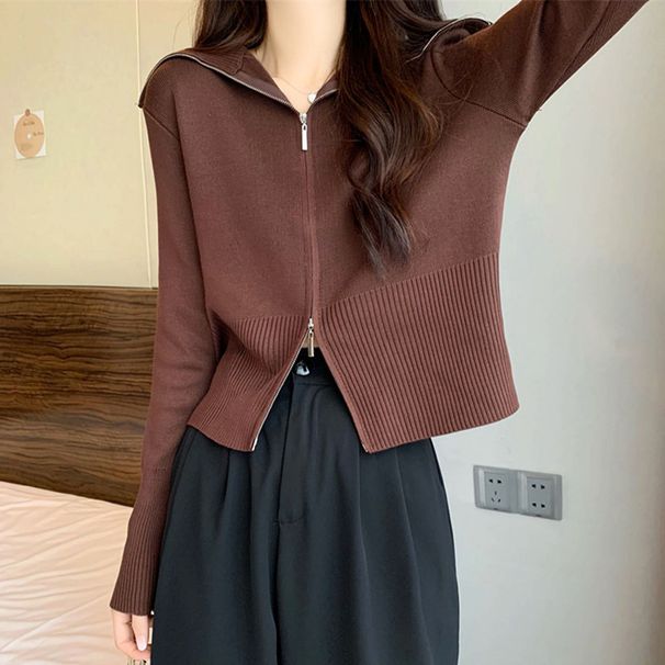High-End 2026 Pre-Spring Double Zipper Lapel Knitted Cardigan Women's Spring And Autumn Sweater Jacket Shoulder Top Wome_ecoleips.com