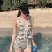 Retro Striped Minimalist Two Piece Bikini High Waisted Slimming Tummy Concealing Sophisticated Sweet Perfect for Hot Spring Vacations Swimwear_ecoleips.com