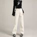 2025 Fall/Winter New Style Apricot Narrow Straight Wide-Leg Jeans For Women, Slimming High-Waisted Fleece-Lined_ecoleips.com