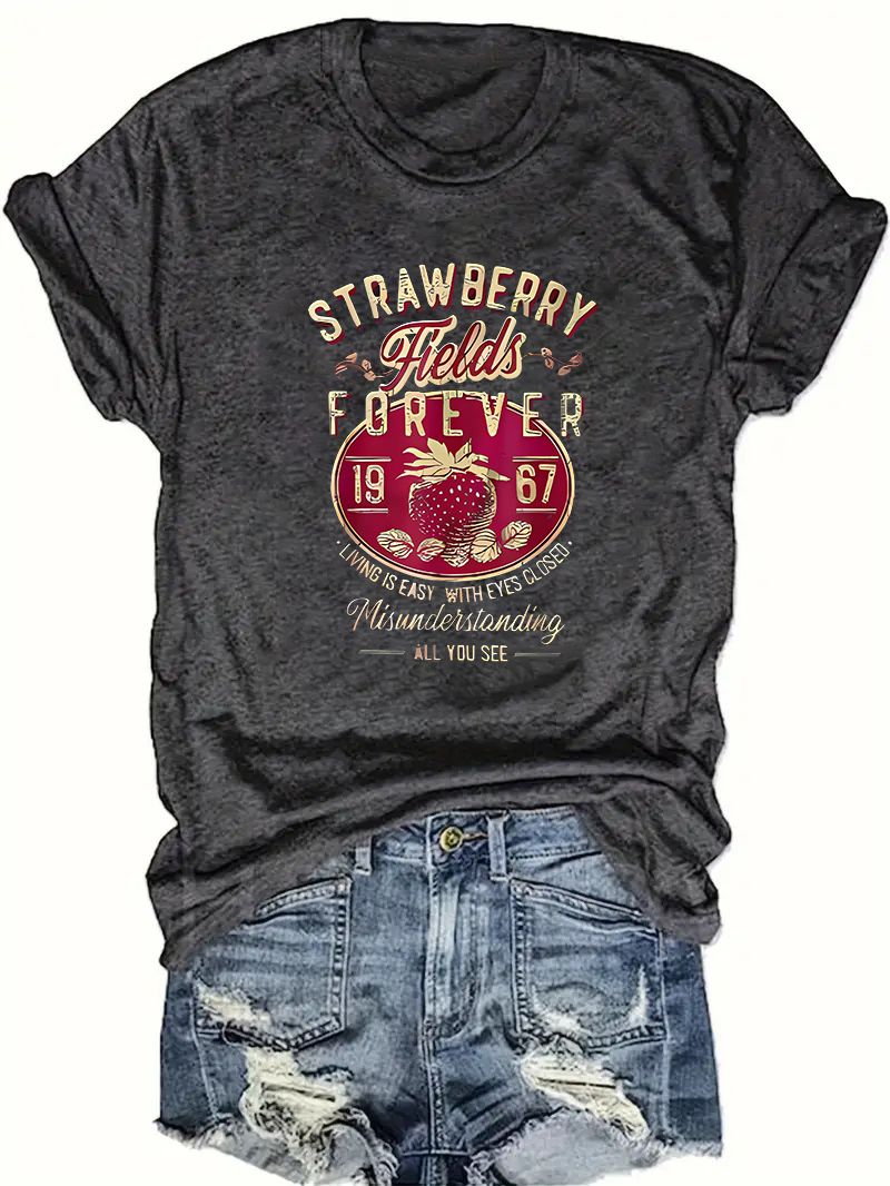 Harajuku Strawberry Fields Forever Letter Print Women T Shirt Short Sleeve Crew Neck Summer Casual Top For Women Clothes Shirts_ecoleips.com