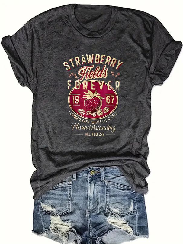Harajuku Strawberry Fields Forever Letter Print Women T Shirt Short Sleeve Crew Neck Summer Casual Top For Women Clothes Shirts_ecoleips.com