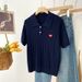 Women's Polo Knit Short Sleeve Top Casual Crewneck Shirt Silk Wool Blend Embroidered Heart Design for Spring And Fall_ecoleips.com