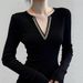 Women's Clothing Retro Black Chain V Neck Knitted Base Layer Top For Women Slimming Long Sleeve Autumn Winter Sexy Fitted Waist T-Shirt_ecoleips.com