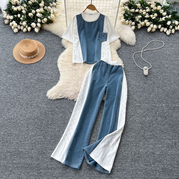 Women's Clothing Heavy Duty Hot Diamond Denim Stitching Short Sleeved Top High Waist Wide Leg Straight Pants_ecoleips.com