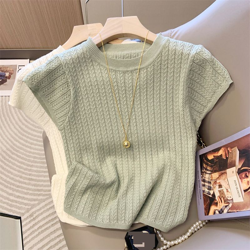 French Chic Hollow Round Neck Knit Sweater Women's Short Sleeve Summer New Gentle And Beautiful Light Bottoming Top_ecoleips.com