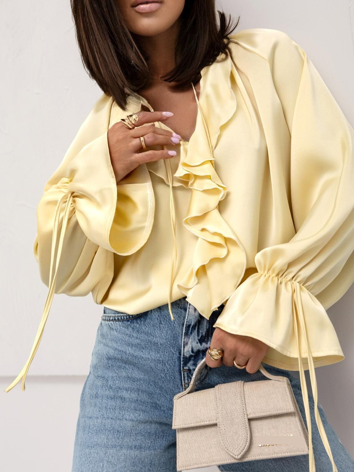 Women's Clothing Spring And Summer Collar Tie Ruffle Shirt Loose Trumpet Sleeve Ladies Shirt_ecoleips.com