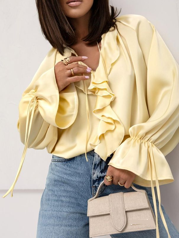 Women's Clothing Spring And Summer Collar Tie Ruffle Shirt Loose Trumpet Sleeve Ladies Shirt_ecoleips.com