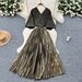 Women's Clothing Pleated Dress Female Summer High End Light Luxury V Neck Bat Sleeve Waist Metallic Pleated Long Skirt_ecoleips.com
