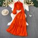Women's Clothing Elegant Lace Trim Blouse With Lantern Sleeves & High-Waist Pleated Midi Skirt Set - Office Chic, Flowy Fit, 3D Embroidery_ecoleips.com