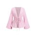 Women's Elegant Striped Ruffle Top Deep V Neck Lantern Sleeve Front Tie Autumn New Fashion Lined Tops For Women_ecoleips.com