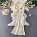 Women's Elegant Crochet Lace Two Piece Set Pearl Button Blouse High-Waisted Slimming Skirt Sophisticated Round Neck Design_ecoleips.com