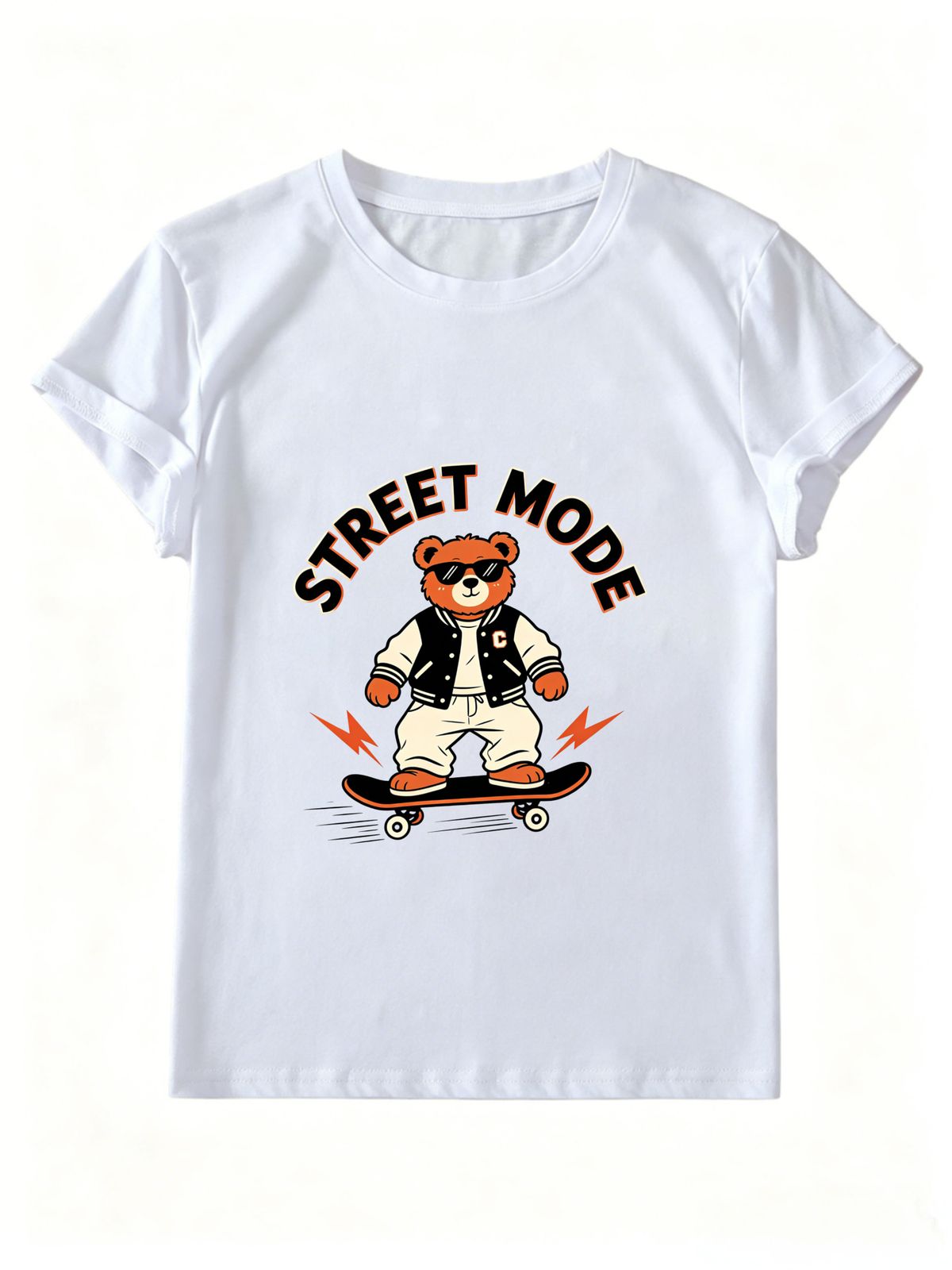 Women Summer Crew Neck Short Sleeve T-Shirt, Street Mode Skateboard Bear Lightning Varsity Jacket Graphic Casual White Loose Streetwear Tee Top_ecoleips.com