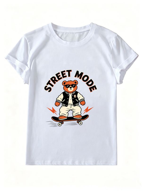 Women Summer Crew Neck Short Sleeve T-Shirt, Street Mode Skateboard Bear Lightning Varsity Jacket Graphic Casual White Loose Streetwear Tee Top_ecoleips.com
