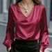 Elegance Puff Sleeve V Neck Satin Long Sleeve Shirt For Women New Relaxed Everyday Wear Comfortable Feshion_ecoleips.com