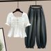 Fashionable Plus Size Women's Suit Set Square Neck Top With Fitted Waist Retro Style Ruffled Trim Jeans_ecoleips.com