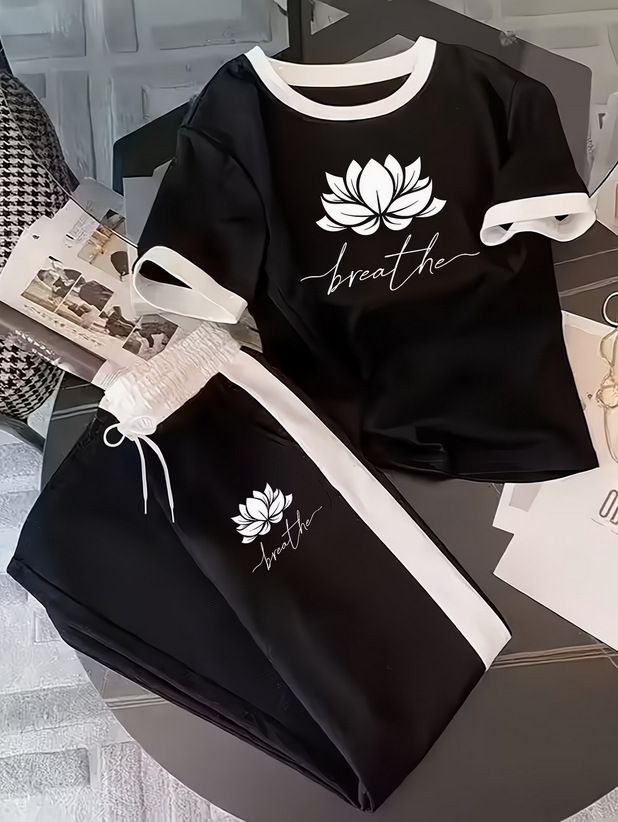 Women's Comfortable Casual Two Piece Set Short Sleeved Crew Neck Top And Loose Trousers Fashion Print 8002_ecoleips.com