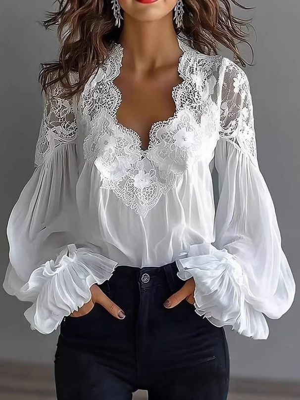 Women's Clothing Women's V Neck Puff Sleeve Pleated Shirt Fashionable Lace Trim Top For Spring Autumn For Europe And America_ecoleips.com