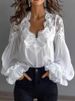 Women's Clothing Women's V Neck Puff Sleeve Pleated Shirt Fashionable Lace Trim Top For Spring Autumn For Europe And America_ecoleips.com
