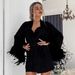 Autumn Satin New Feather Splicing Loose Strap Nightdress Robe Two-Piece Set European And American Cross-Border_ecoleips.com