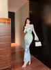 One-word Shoulder Mesh Yarn Long-sleeved Slim-fitting Hip-wrapped Fishtail Women's Dress Cheongsam Dress_ecoleips.com
