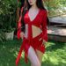 New Women's Bikini Swimsuit Set Two Piece Four Piece Long Sleeved Sunscreen Red Vacation Hot Springs_ecoleips.com