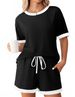 K Women's New Solid Color Pit Stripe Color Blocked Sleepwear Short Sleeved Home Suit Set. No Necklaces Or Other Accessories_ecoleips.com