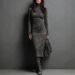 Women's Clothing Retro High Neck Long Dress Solid Color Slim Waist Long Sleeve Women's Base Dress_ecoleips.com