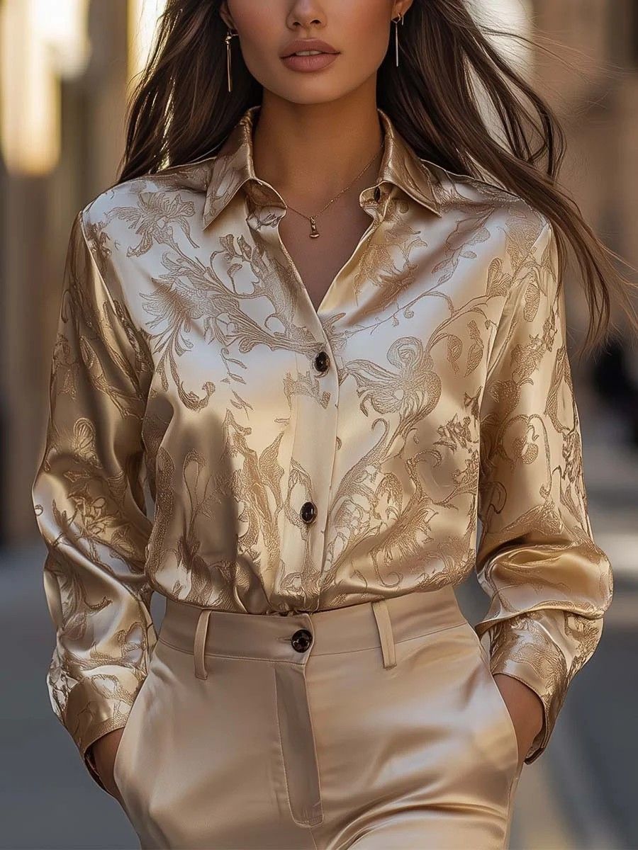 Women's Clothing Satin-Effect Draped Blouse – Elegant Floral Print Shirt For Women (Gold, S-XXL)_ecoleips.com